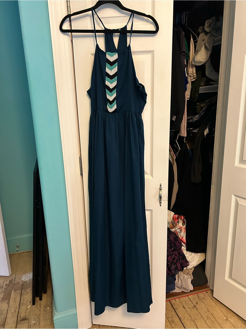 Sabine Teal Halter Maxi Dress with Chevron Accent